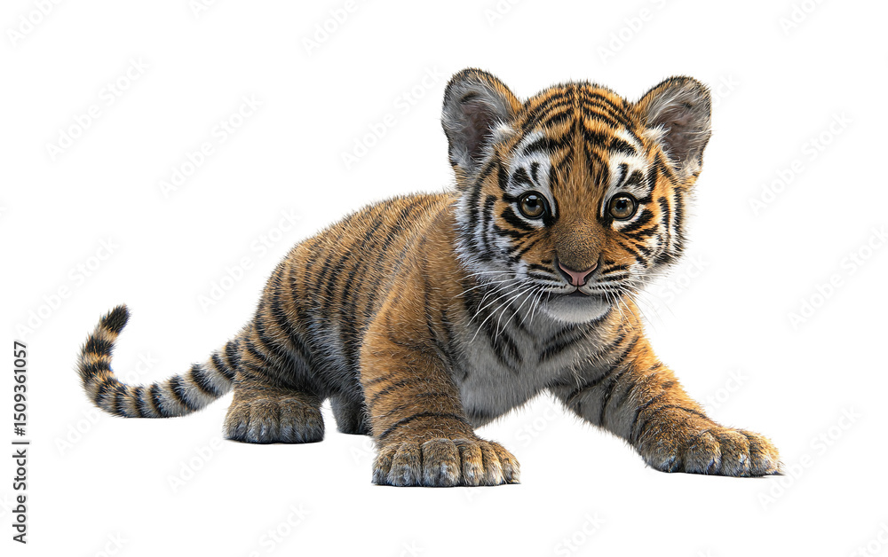 Obraz premium Young tiger cub captured crouching playfully showing its distinctive striped fur and lively expression in the wild habitat isolated on transparent background PNG