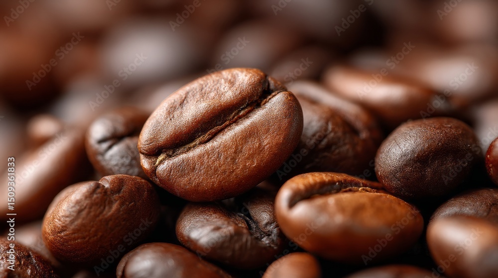 Naklejka premium A close-up of freshly roasted coffee beans reveals deep brown hues and an inviting sheen. Each bean displays unique characteristics with a variety of shapes and textures, promising rich flavors