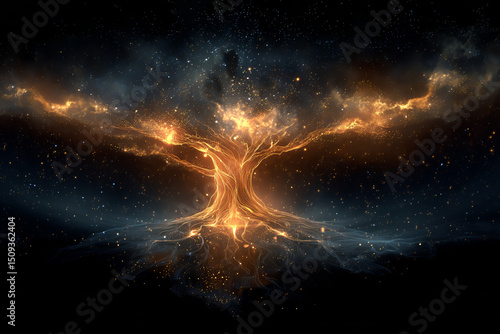 A radiant, glowing tree of energy extends roots and branches into the cosmos, symbolizing universal connection and cosmic life.