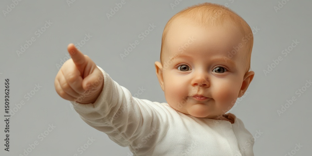 Baby joyfully giving a thumbs up while wearing a white onesie indoors in neutral lighting Baby joyfully giving a thumbs up while wearing a white onesie indoors in neutral lighting