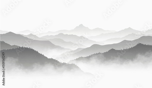  a minimalist vector illustration of layered mountain ranges in grayscale. The design should feature soft gradients and overlapping silhouettes to convey depth, with the closest mountains 
