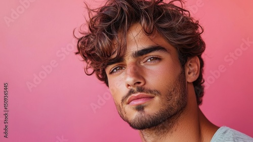 National hair day with hairstyle and beauty idea. Young man with curly hair against a colorful background.