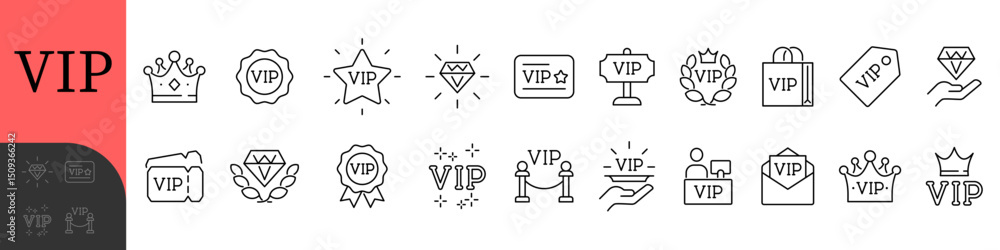 VIP Editable Icons set. Vector illustration in modern thin line style of l exclusivity related icons: service, membership, quality, and more. Pictograms and infographics VIP Editable Icons set. Vector illustration in modern thin line style of l exclusivity related icons: service, membership, quality, and more. Pictograms and infographics