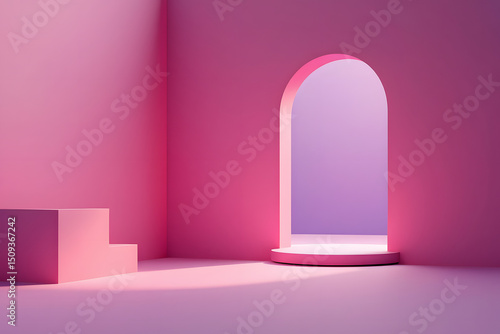 Minimalist architectural space with an arched doorway and geometric platforms, ideal for product display, virtual presentations, or abstract design concepts.