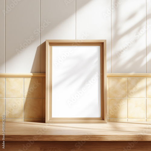 Wooden poster frame mockup on the countertop against the wall with yellow tiles