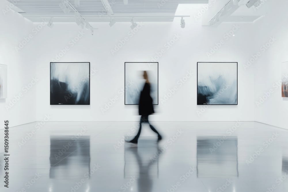 Naklejka premium Person walking through contemporary art gallery with various abstract paintings on white walls emphasizing reflective flooring and minimalist design