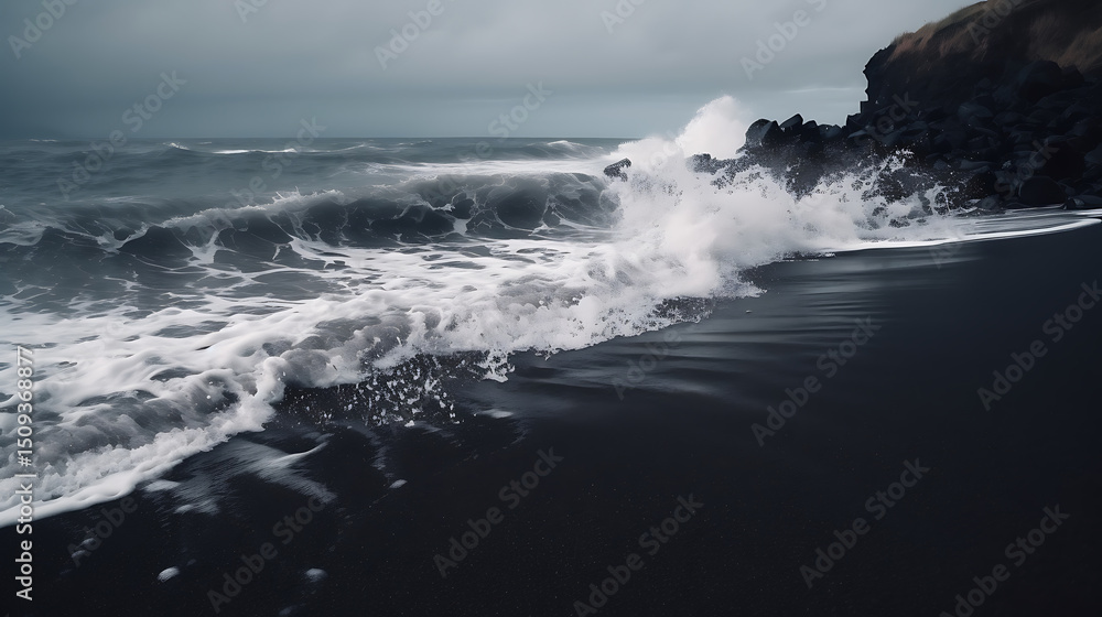 Fototapeta premium Waves hitting the black sand beach, empty space