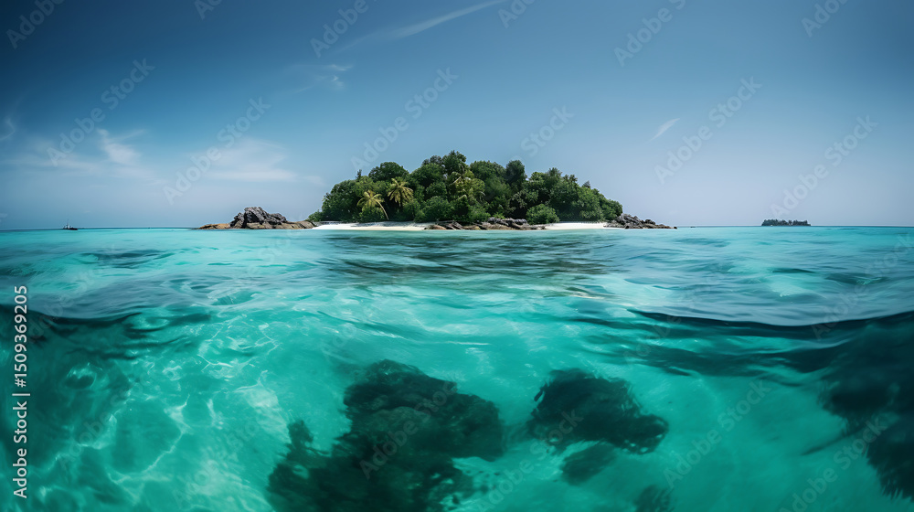 Fototapeta premium Wide shot of a tropical island with clear blue water, empty space