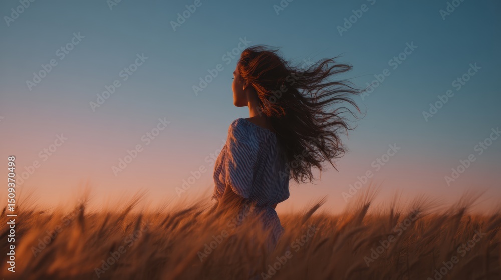 A woman stands in a wheat field, hair flowing in the wind at sunset, embodying freedom. A woman stands in a wheat field, hair flowing in the wind at sunset, embodying freedom.