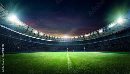 a rugby stadium at night with lights on