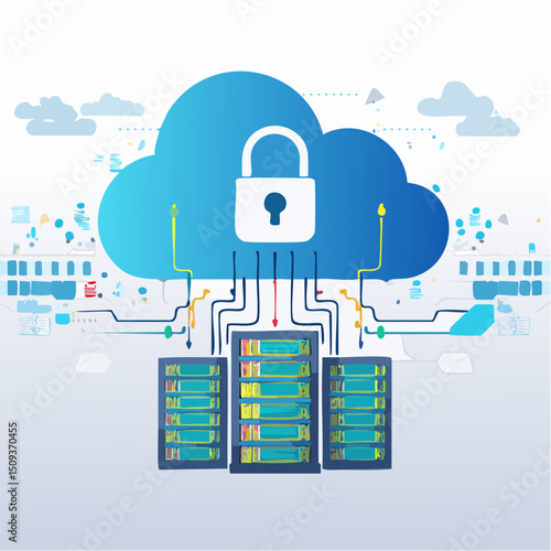 Illustration of a cloud with a padlock connected to server racks below it