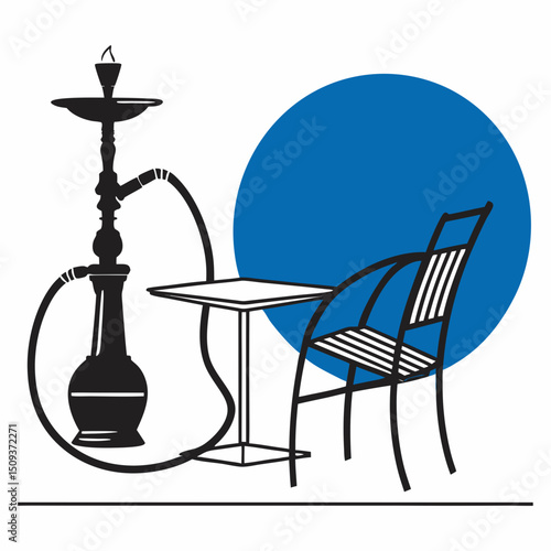 Hookah and chair next to a table in a blue circular design indicating a hookah area