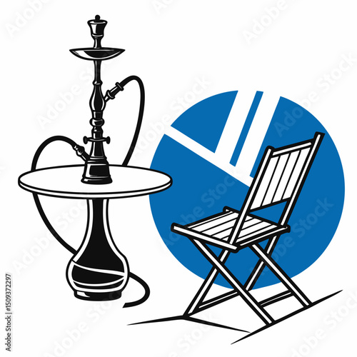 Hookah and chair in a blue circular sign indicating a hookah area