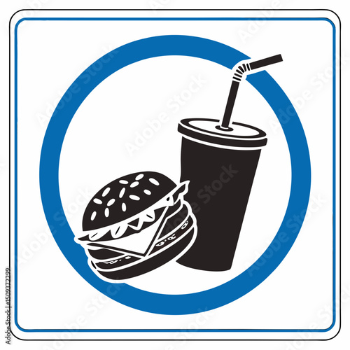 Hamburger and drink in a blue circular sign indicating a food court zone.