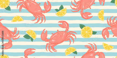 Hand drawn red crabs and lemon slices seamless pattern on blue and white striped background for summer seafood theme vector illustration