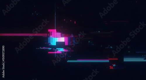 Dynamic glitch texture with pixelated distortion, neon lines, RGB separation, and data noise