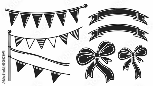 Hand-Drawn Party Decorations Bunting, Banners, Ribbons, and Bows