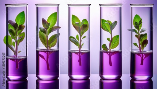 Wallpaper Mural six glass test tubes with small vibrant green plants growing in purple liquid showcasing scientific research on plant biosynthesis and hydroponics Torontodigital.ca