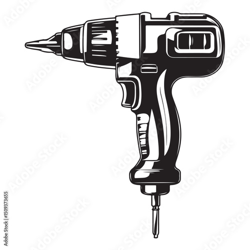 electric drill silhouette, Black and white image of a drill, Electric Drill Illustration In Minimal Style Vector image Isolated on White Background.