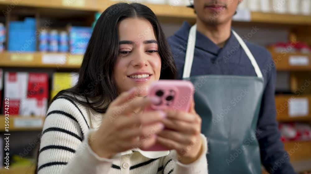 A Latin American woman working at a hardware store uses her cell phone and entertains herself while she and her partner wait for customers. A Latin American woman working at a hardware store uses her cell phone and entertains herself while she and her partner wait for customers.