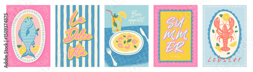 Mediterranean food and summer concept with fish, lobster, shrimp pasta, and citrus in retro postcard style for kitchen decor and seasonal design vector illustration