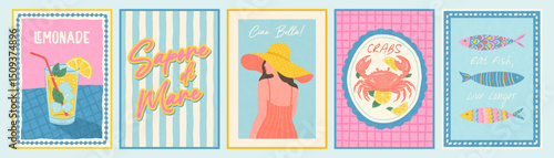 Colorful Mediterranean summer concept with lemonade, italian text on striped background, elegant woman in sunhat, crab, and decorative fish in vintage postcard style for coastal decor, vector