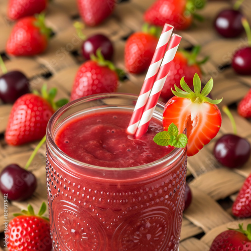 Wallpaper Mural Nutritious strawberry smoothie drink in a glass with two decorative candy striped straws Torontodigital.ca