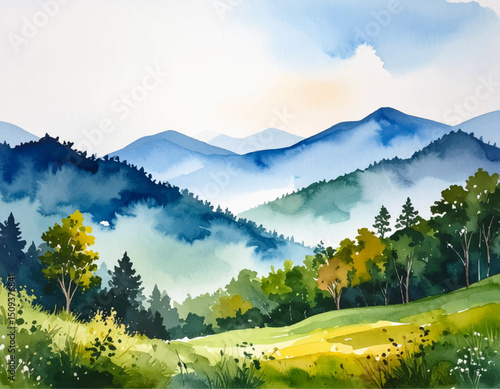 Watercolor Mountain Landscape: This image captures the serene beauty of mountains, shrouded in soft hues, and a sense of tranquility. The composition celebrates the allure of natural landscapes. 