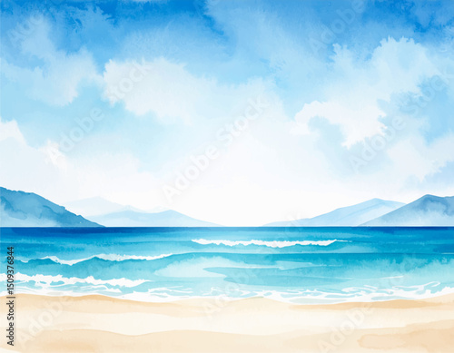Watercolor Beach Scene: A serene watercolor painting showcasing a beautiful beach scene with clear sky, gentle waves, sandy shore and distant mountains, evoking a sense of peace and tranquility.