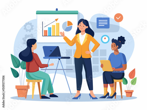 Office Presentation Scene Illustrating Social Distancing with Masked Employees and Safety Guidelines