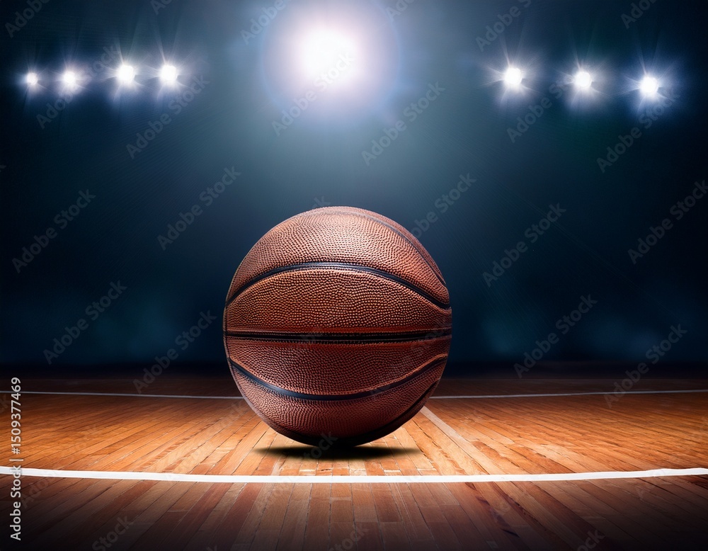a basketball ball on the court in front of a spotlight a basketball ball on the court in front of a spotlight