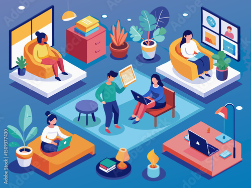 Isometric Flat Design Illustrations of Diverse People Working Remotely in Cozy Home Settings