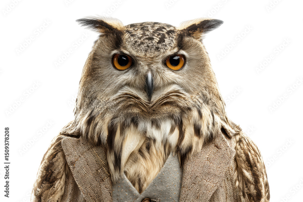 Obraz premium Portrait of a majestic owl in a suit against a black background, cut out