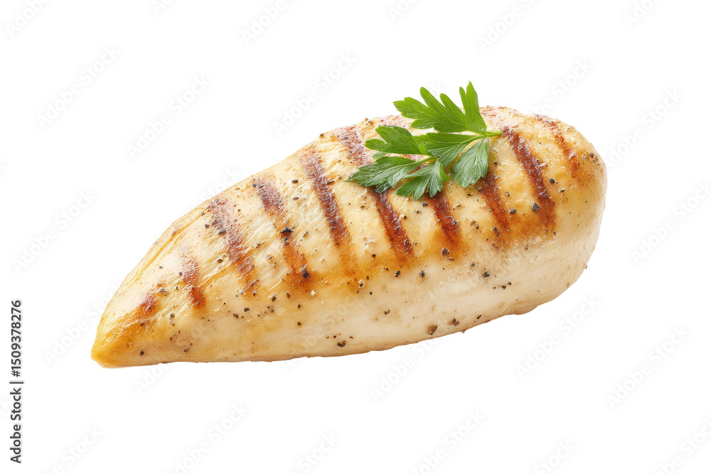 Grilled chicken breast with fresh parsley on black background, cut out Grilled chicken breast with fresh parsley on black background, cut out