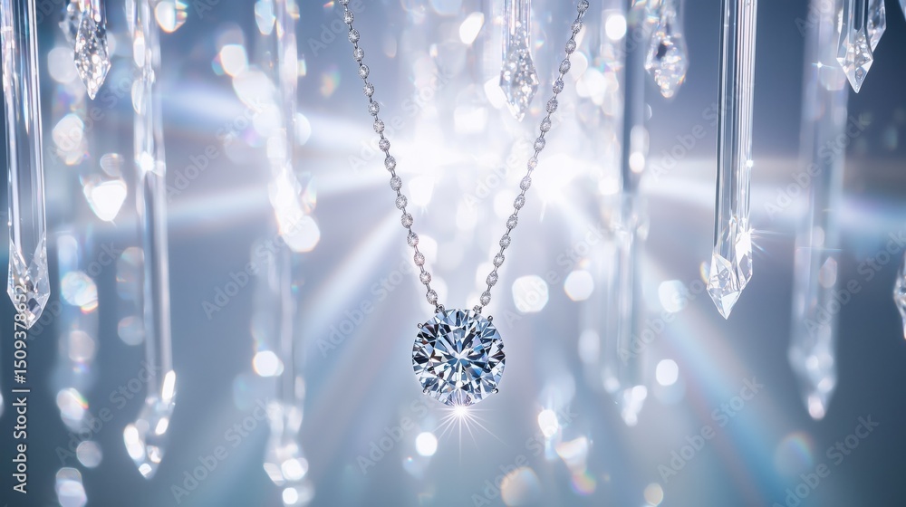 Fototapeta premium Elegant diamond necklace displayed under sparkling crystals studio setting jewelry photography soft focus luxury concept