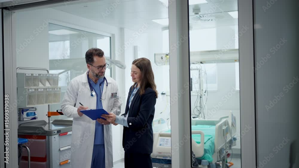 Pharmaceutical sales respresentative introducing herself to doctor. Pharmaceutical sales respresentative introducing herself to doctor.