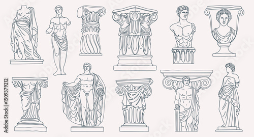 Collection of ancient Greek and Roman sculptures and architectural elements in Line Art. Sketch outline illustration.