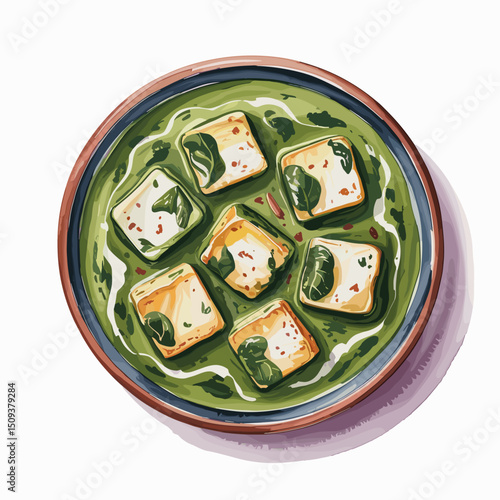 Palak Paneer with Garlic Garnish – Watercolor Top View
