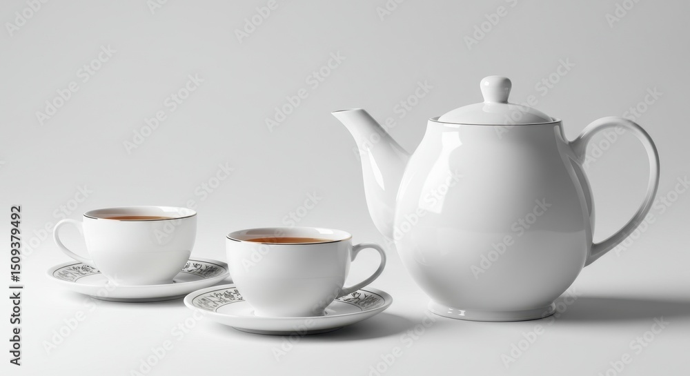 Elegant White Porcelain Tea Set with Teapot and Two Cups Elegant White Porcelain Tea Set with Teapot and Two Cups
