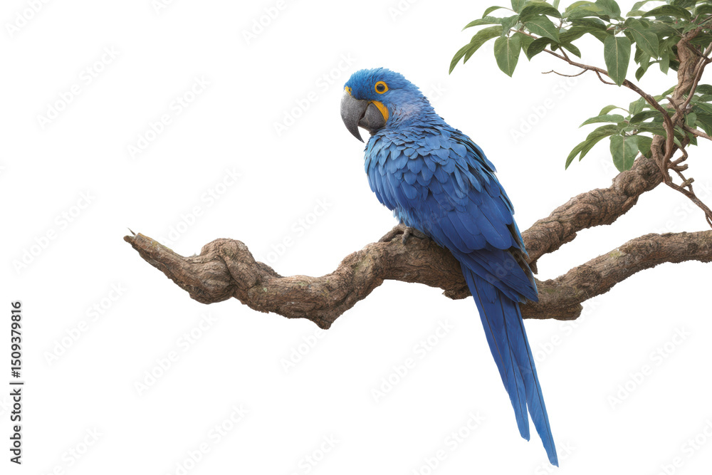 Obraz premium Vibrant blue macaw perched on tree branch in natural habitat, cut out