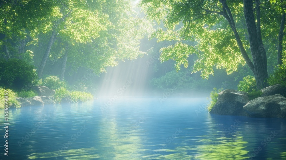 Fototapeta premium Sunlit forest lake scene