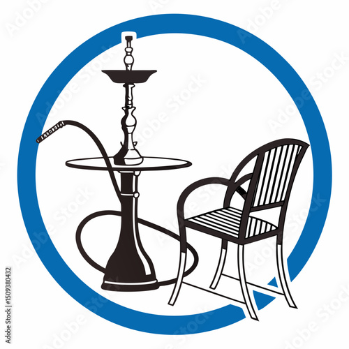 Hookah and chair in a blue circular sign indicating a smoking area