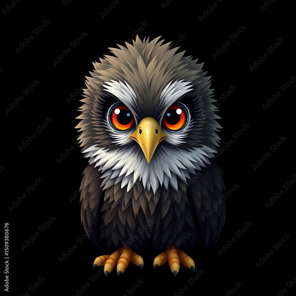 Süßer digitaler Adler mit flauschigem Gefieder und leuchtend orangen Augen vor schwarzem Hintergrund – modern und charakterstark. Süßer digitaler Adler mit flauschigem Gefieder und leuchtend orangen Augen vor schwarzem Hintergrund – modern und charakterstark.