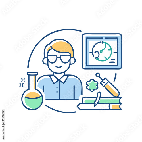 Science teacher with lab and education elements.