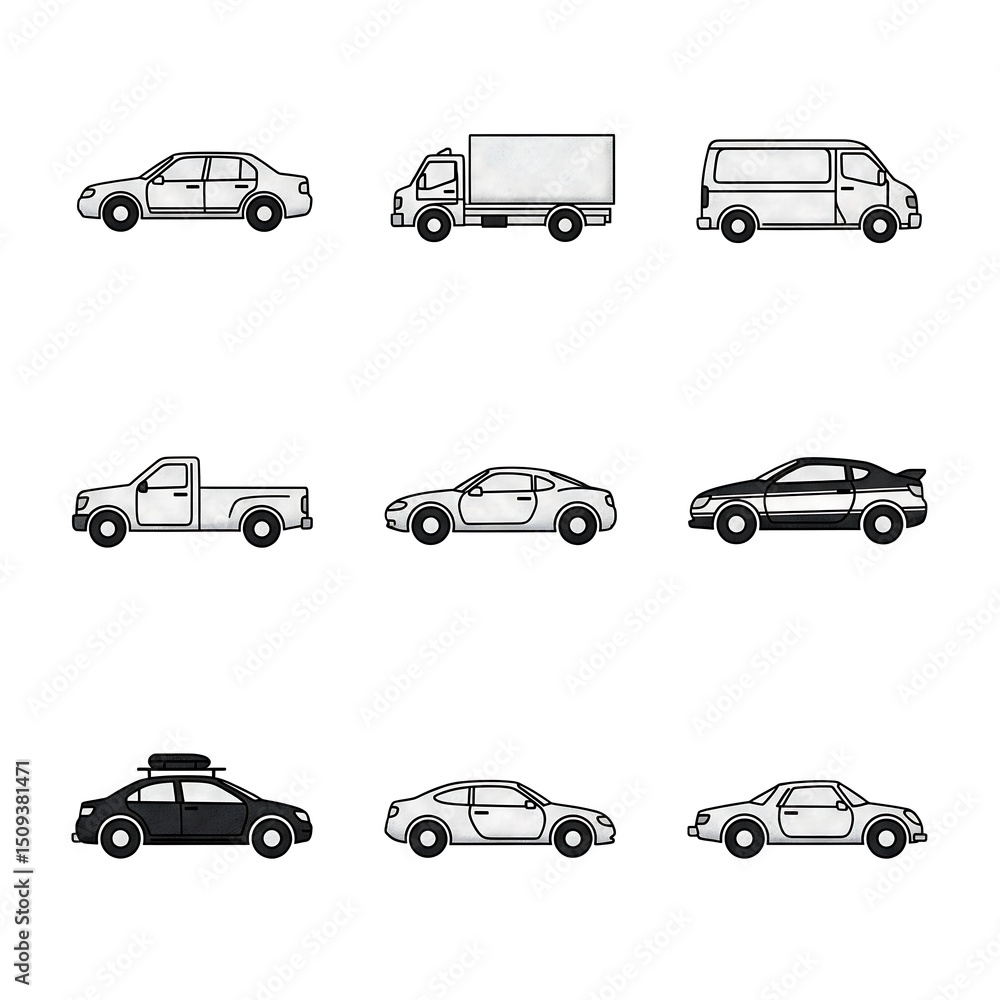 Modern black and white car symbols collection showing nine variations in grid pattern Modern black and white car symbols collection showing nine variations in grid pattern