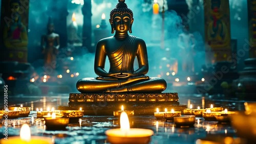 Wallpaper Mural Serene Buddha statue meditating surrounded by glowing candles in spiritual enlightenment space Torontodigital.ca