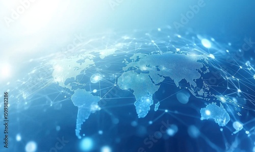 Fototapeta Naklejka Na Ścianę i Meble -  A background of light blue with digital connections and the world map, representing global connectivity and technology Generative AI
