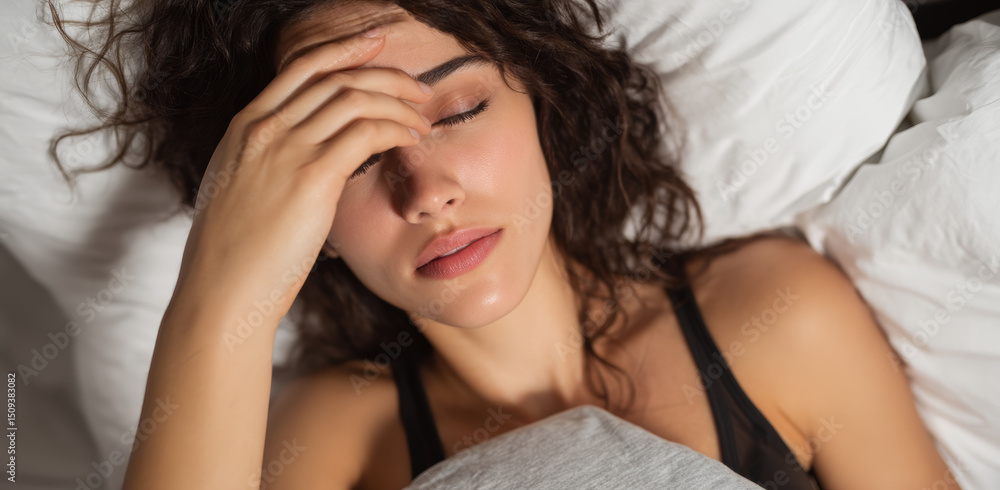 Naklejka premium A woman is lying in bed with her hand on her forehead. She looks tired and possibly has a headache