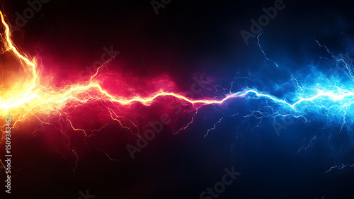 electricity arcs with blue and red energy on dark background, vibrant red and blue, creating a vivid visual of electrical power and energy themes