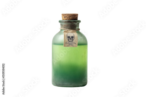 Green poison bottle with skull and crossbones label and cork stopper, cut out